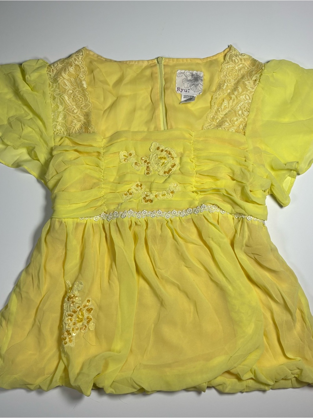 RYU Y2K Yellow Short Sleeve Sequence Lace Babydoll Chiffon Top